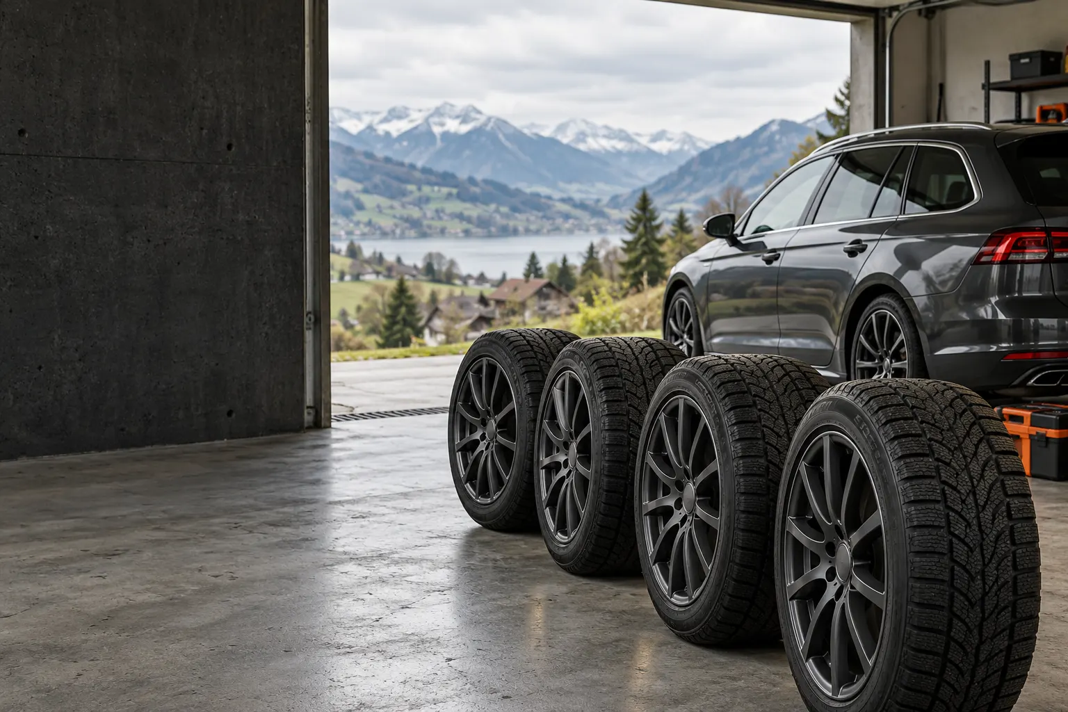Winterräder in einer Garage mit Blick auf die Schweizer Berge